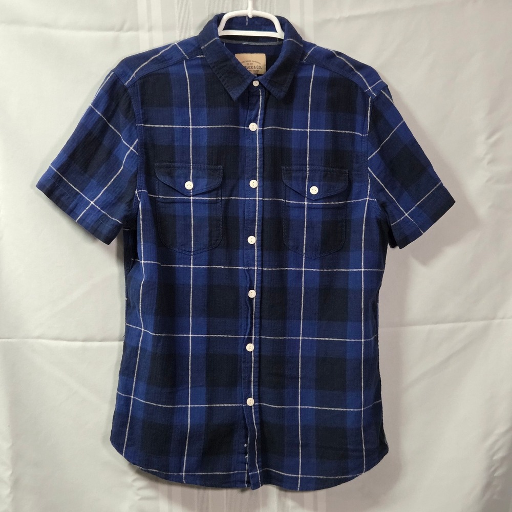Roebuck & Co Button Down Shirt Mens M Blue Plaid Short Sleeve Cotton Heritage